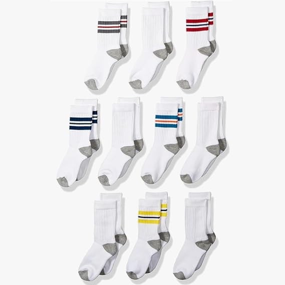 Amazon Essentials Boys and Toddlers' Cushioned Athletic Crew Sports Socks for School Kids, 10 Pairs