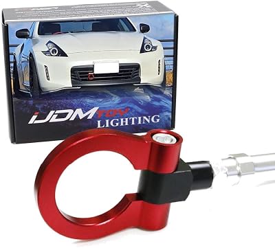iJDMTOY Red Track Racing Style Tow Hook Ring Compatible with Nissan 370Z GT-R Juke Infiniti G37 Q50 Q60 QX60 QX70 etc., Made of Lightweight Aluminum