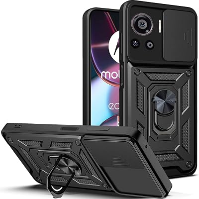 Ysnzaq for Motorola Edge 30 Ultra Case with Sliding Camera Lens Protector, Heavy Duty Military Grade Shockproof Protective Case with Magnetic Ring Stand for Motorola Edge 30 Ultra 6.67 SJ Black