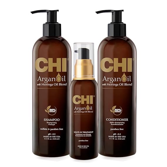 CHI Argan Oil Luxe Trio Kit, Professional Salon Quality Shampoo, Conditioner & Moringa Oil for Dry Damaged Hair Repair, Frizz Control, Moisture & Shine