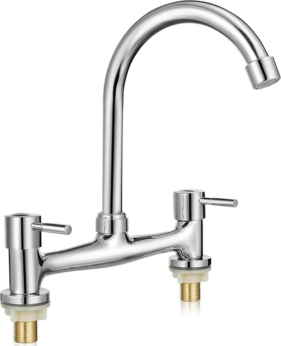 Housoutil Kitchen Tap 2 Hole Mixer Dual Handle Basin Faucet for Kitchen Sink and Bathroom Vanity Hot and Cold Water Control Rotating Spout 11.61 X 9.45 X 1.57 in