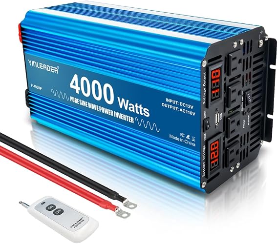 4000 watt Inverter Pure sine Wave Inverter 12V to 110V/120V Power Inverter, 8000W Peak DC to AC Inverter with LCD Display 4 AC Outlets,USB Port, Wireless Remote Control for Truck, RV
