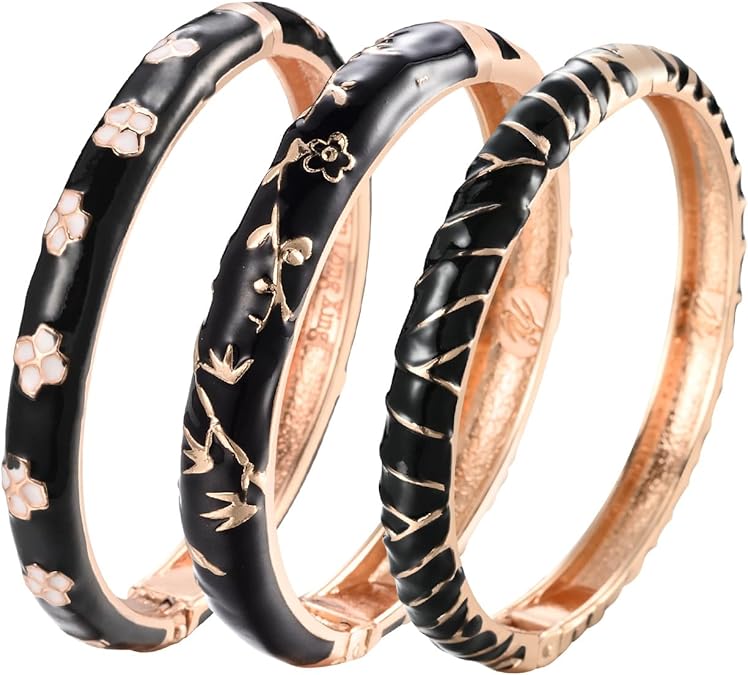 UJOY Womens Multi-Colors Cloisonne Bracelet Gold Plated Flower Enameled Hinged Cuff Bangles Jewelry Gift 55A-3PCS