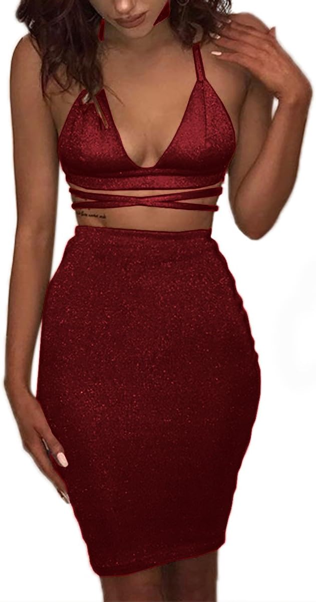 ioiom Ladies Halter Sleeveless Sequin Glitter Bodycon Stretchy Midi Party Dress Wine S