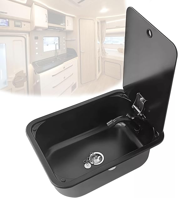 Small Camper Sink Black Stainless Steel Sink with Folded Faucet Tempered Glass Lid Sink Kit for Laundry Outdoor Yard