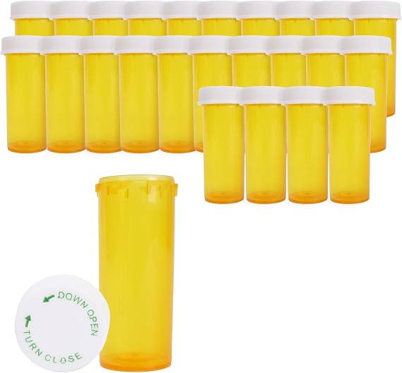Plastic Amber Medicine Pill Bottles, 8 Dram, (25 Pack), Push Down and Turn Child Resistant Caps, Amber Prescription Vial, Medicine Container, Pill Cases Dispenser Organizers
