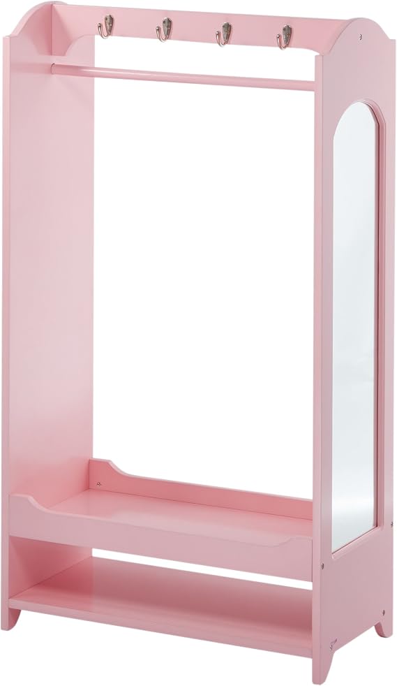 Teamson Kids - Kids Clothed Rack, Girl Dress Up Closet, Kids Dress Up Wardrobe, Dress Up Furniture Hanging Rack for Kids, Toddler Dress Up Station, Wooden Dress Up Unit with Hooks and Mirror - Pink
