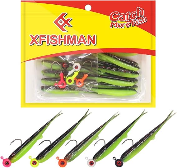 Crappie-Baits- Plastics-Jig-Heads-Kit-Minnow-Fishing-Lures-for Crappie-Panfish-Bluegill-20Piece Kit - 15 Bodies- 5 Crappie Jig Heads