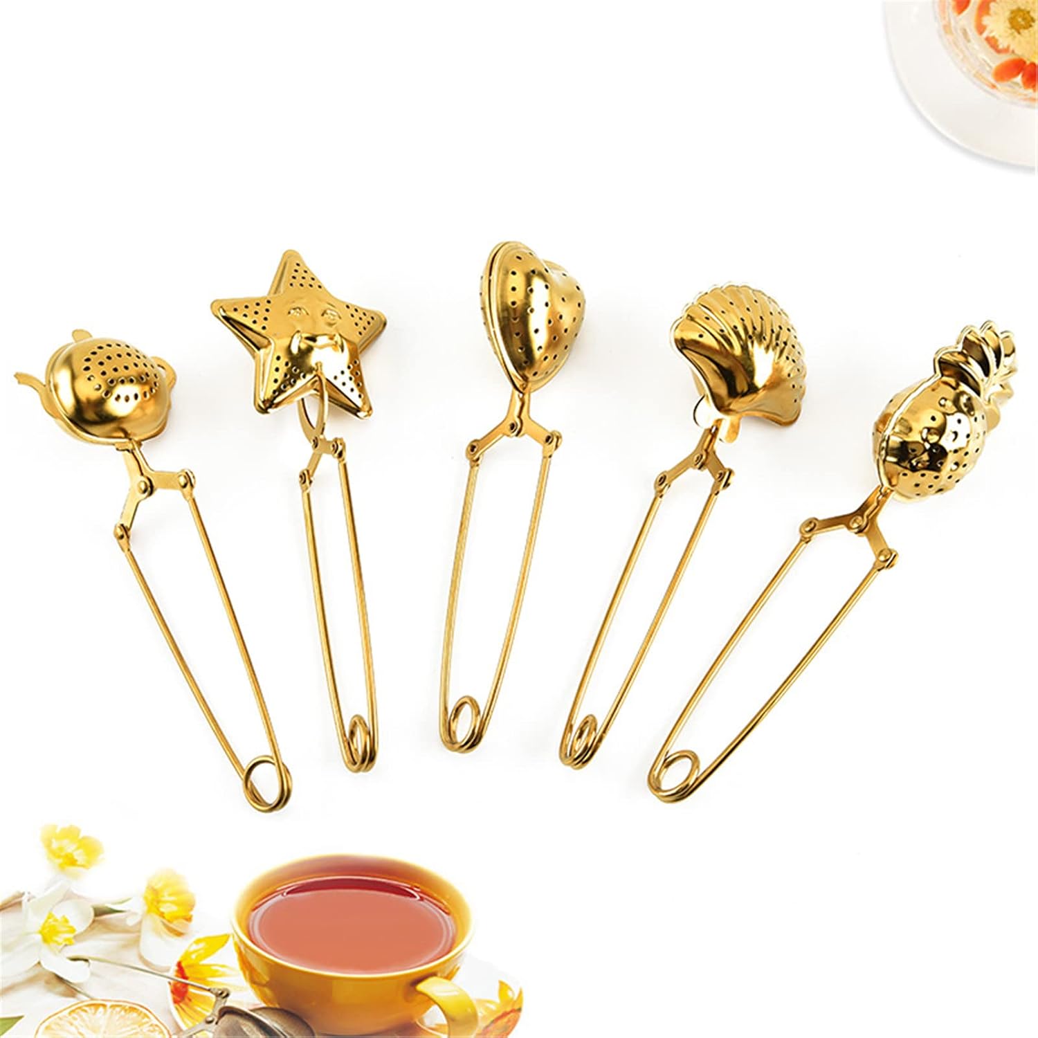 5Pcs Tea Snap Balls Seashell Heart Star Pineapple Teapot Shape Tea Filters Stainless Steel Tea Strainer Loose Leaf Tea Infuser with Long HandleGold