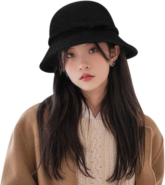Women Wool Bowler Hat Warm Cloche Bucket Vintage Church Bucket Round Felt Hat with Bowknot Ladies Elegant Headwear for Party