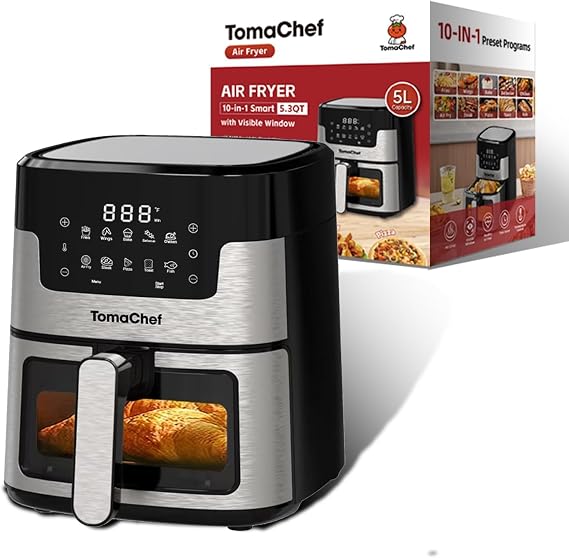 TomaChef Air Fryer 5.3QT with Visible Window, 10-in-1 Oil-Free Digital Cooker, Dishwasher Safe Basket for Family (Black)
