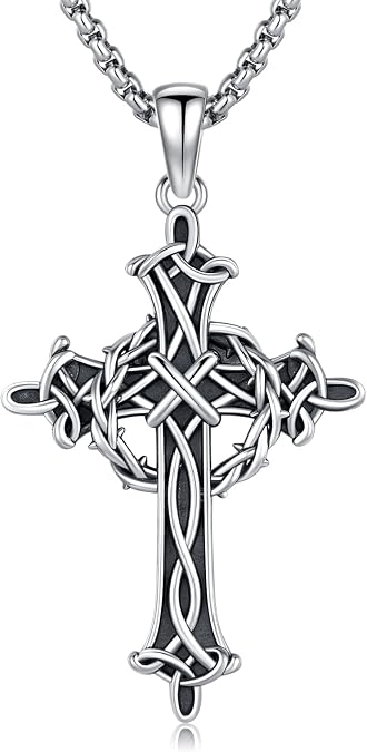Crown of Thorns Necklace S925 Sterling Silver Cross Necklace Crown Pendant Religious Necklace for Men Catholic Jewelry Gifts
