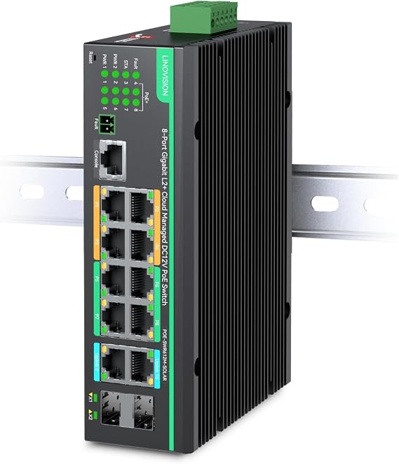 LINOVISION Industrial 12 Ports L2+ Cloud Managed PoE Switch with DC8~57V Redundant Power Input Full Gigabit Solar PoE Switch 12V PoE Switch with Relay Alarm IEEE802.3af/at Total PoE Budget 240W