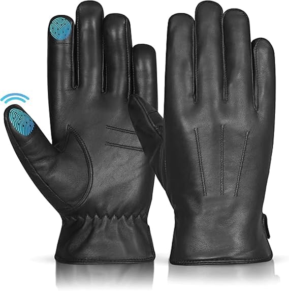 Men's Black Leather Driving Gloves – Wool Cashmere Lining, Touchscreen Compatible, Winter Warm