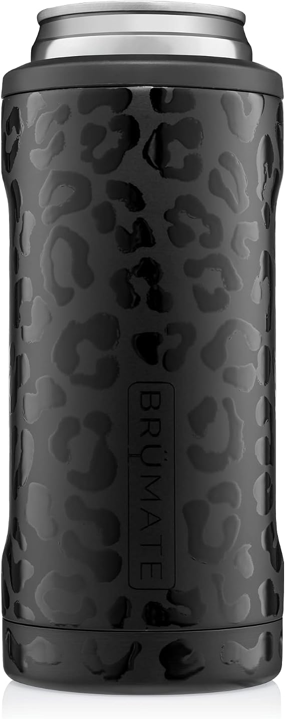 BruMate Hopsulator Slim Can Cooler Insulated for 12oz Slim Cans | Skinny Can Insulated Stainless Steel Drink Holder for Hard Seltzer, Beer, Soda, and Energy Drinks (Onyx Leopard)