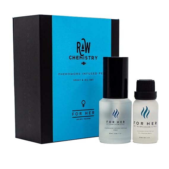 RawChemistry For Her Pheromone Infused Perfume for Women's Gift Set, 1.5 oz | Two-piece women's perfume set with a 1 oz spray and concentrated 0.5 oz perfume oil for layering at home or on the go.