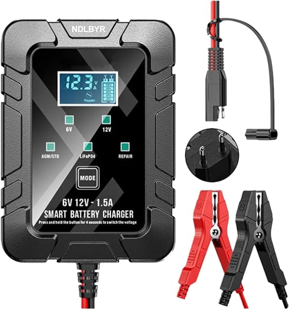 6V 12V Automatic Intelligent Recognition Battery Charger Smart Trickle & Maintainer Float with Overcharge Protection Temperature & LED Display Compensation for Car Motorcycle Lawn Mower Marine(Black)