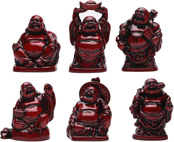 BRABUD 2in Red Resin Laughing Buddha Statue, Fengshui Decor, Set of 6 | Maitreya Buddha Statue, Flower Pot Statue, Home Office Desk Decor, Fengshui Collection Gift Ornaments