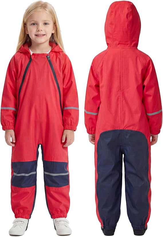 JiAmy Kids Waterproof Rain Suit Coverall, Hooded Full Body Raincoat for Outdoor Play & Muddy Days (Ages 1-8)