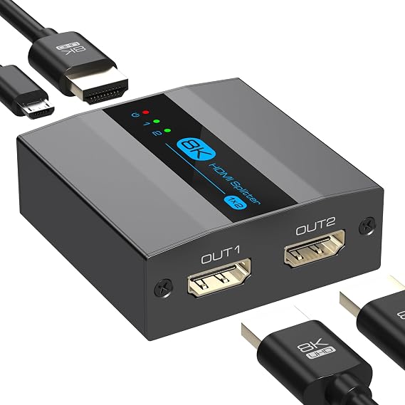 8K HDMI Splitter 1 in 2 Out 4k 120Hz,HDMI 2.1 Splitter for Dual Monitors Support EDID Management HDCP 2.3 HDR 10 for Laptops PCs TV Boxes DVD Players PS5/PS4/PS3