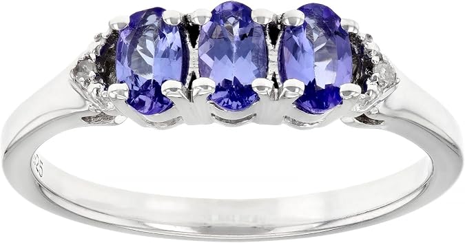 JTV Blue Tanzanite & White Diamond Ring for Women - December Birthstone Jewelry - Rhodium-Plated Sterling Silver - Elegant Oval-Cut - Tanzanite Ring - Gift Box Included