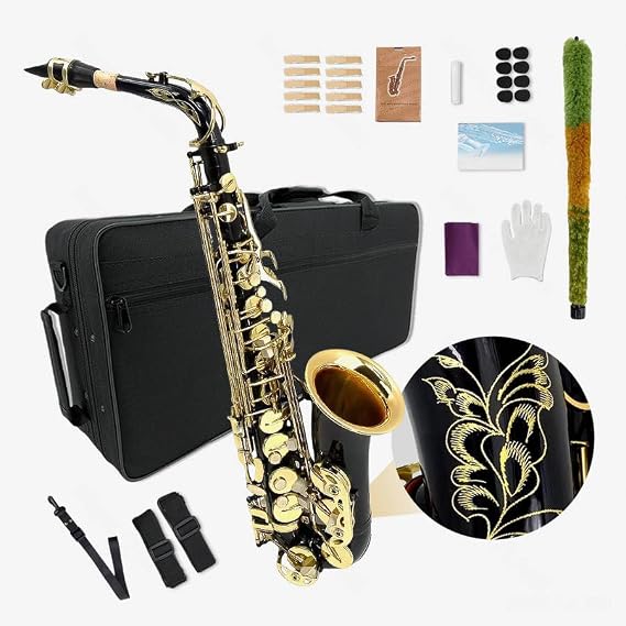 Vetimobato Alto Saxophone Black Lacquer E Flat Saxophone Eb Beginner Full Kit with Hard Case, Cleaning Cloth, Mouthpiece, Reeds, Pads