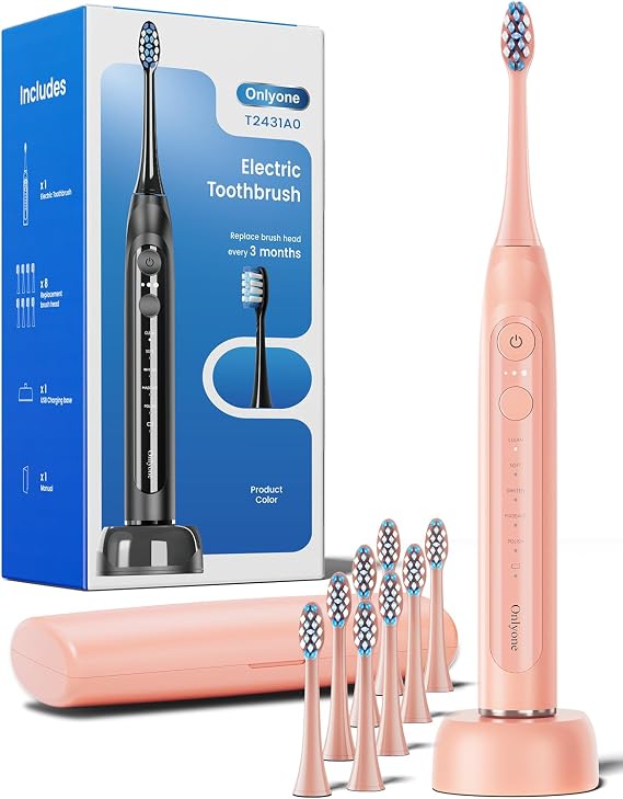Onlyone Electric Toothbrush for Adults, Rechargeable Electric Toothbrush with 8 Brush Heads, Travel Case, Charging Base & Wireless Charging - 5 Modes with Smart Timer, Pink