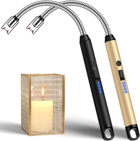 LcFun 2 Pack Electric Candle Lighter with 360 Flexible Neck & Safety Lock, Windproof USB Rechargeable Flameless Arc Long Lighters for Grill, BBQ, Camping, Fireplace, Stove (Black & Gold)