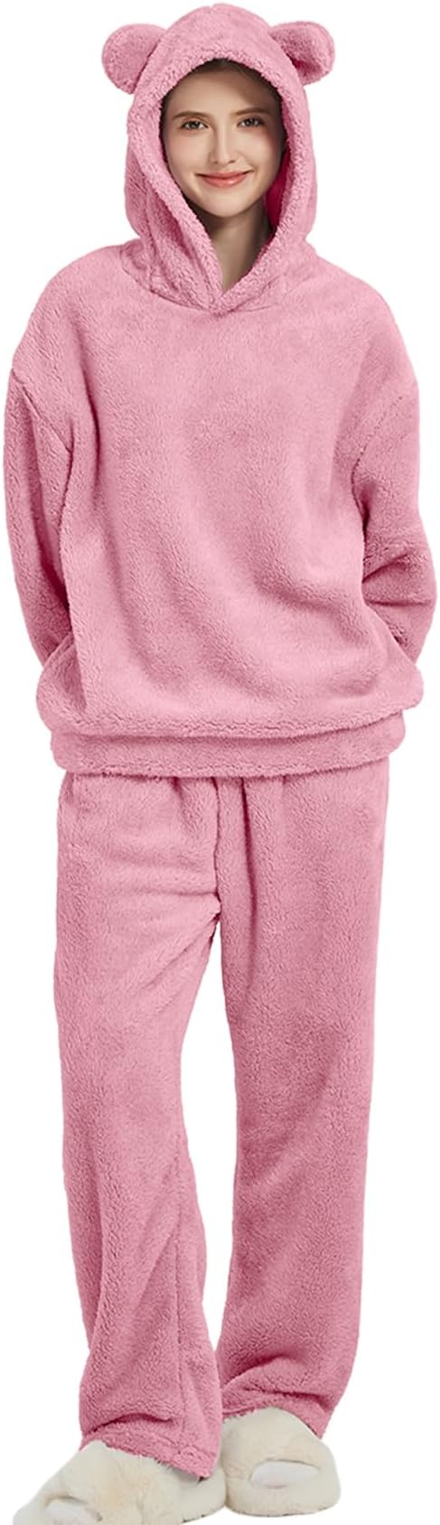 Wyeysyt Womens Fluffy Pajama Sets Bear Ear Hooded Fleece Pjs