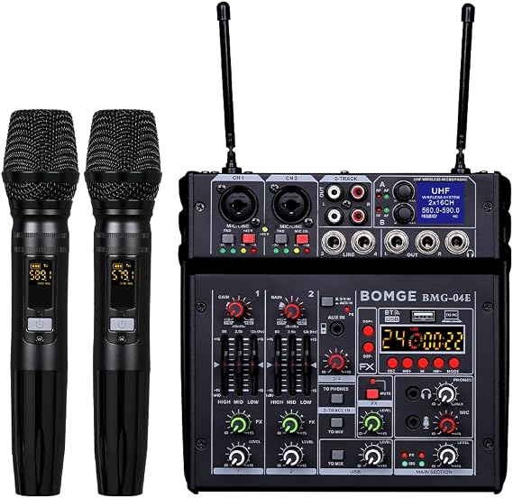 BOMGE 04E Karaoke-Audio-Mixer 4-Kanal-Mixer mit kabellosem Dual-UHF-Mikrofon Soundboard-Konsole MP3 Bluetooth 48 V Phantomspeisung USB-Audio-Schnittstelle DJ-Mixing für Party Computer