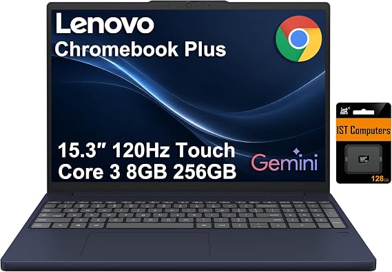 Lenovo Chromebook Plus Laptop, 15.3" Touchscreen, Core i3, 8GB DDR5, 256GB