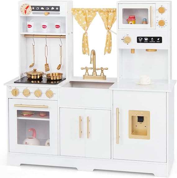 COSTWAY Kids Wooden Kitchen, Pretend Play Kitchen with Sounds & Lights, Coffee Maker, Sink, Water Dispenser, Realistic Oven, Children Chef Role Playset for Boys Girls (White)