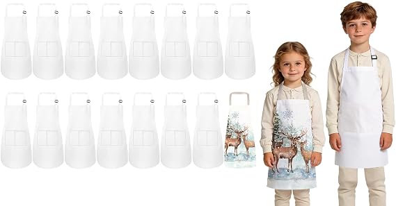 16 PCS Kids Aprons with Pockets Adjustable Chef Painting Aprons Bulk for Girls Boys Cooking Baking Crafting White