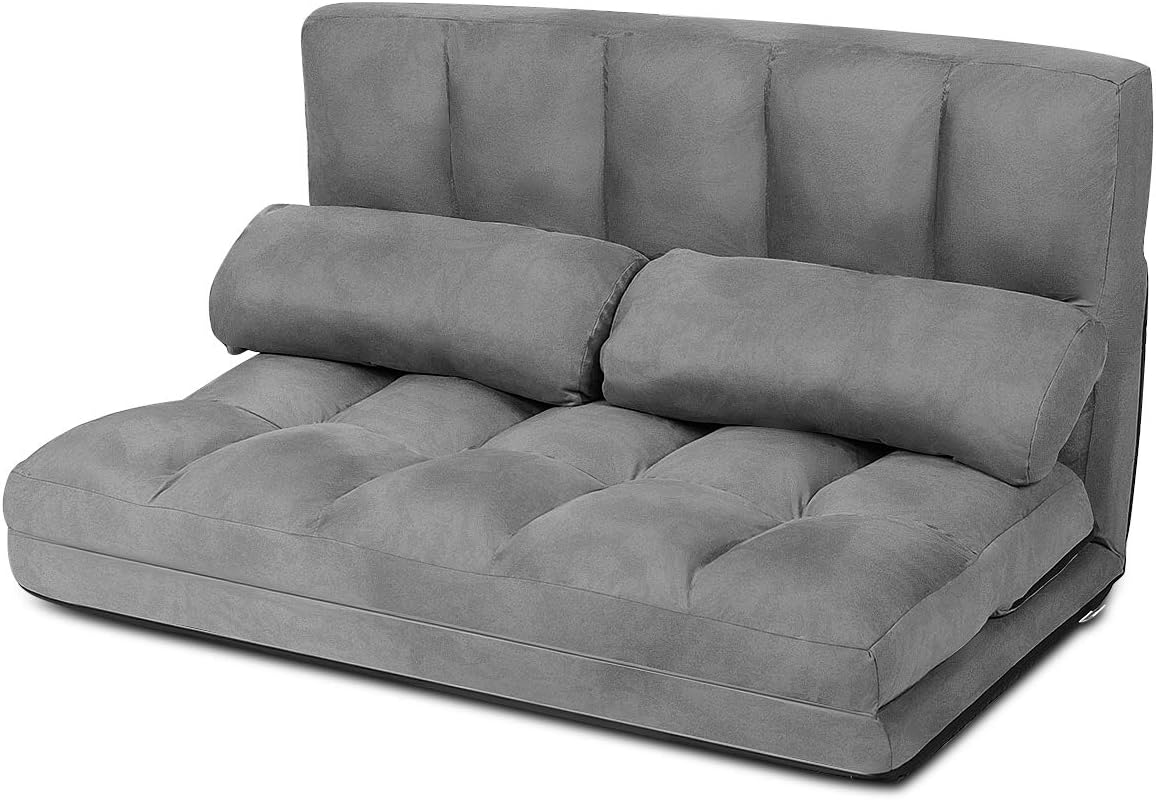 COSTWAY Sofa Bed with 2 Cushions, Sofa Bed with 6 Levels Adjustable Backrest, Lazy Sofa Foldable, Floor Sofa for Bedroom, Living Room and Balcony