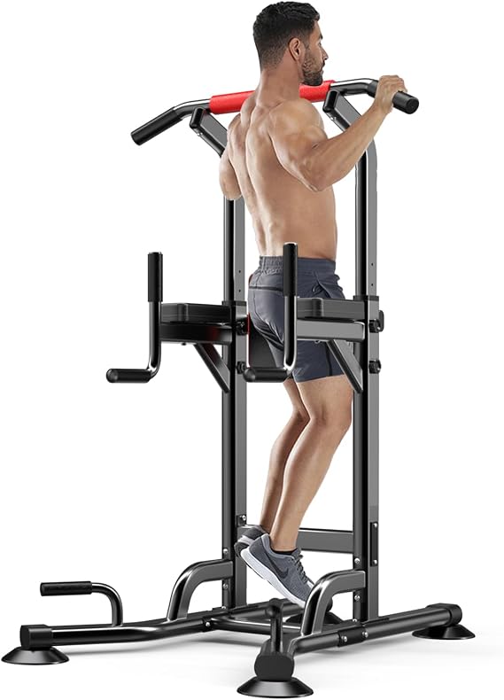 Power Tower Pull Up Bar Station Dip Stands with 6 Height Levels 59-90 in
