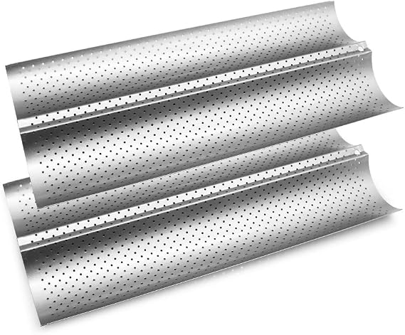 Birsppy FireKylin Baguette Pans for Baking, 2 Pack French Bread Pan 15" x 6.4" Nonstick Perforated 2 Loaves Loaf Bake Mold Toast for Oven (Silver)