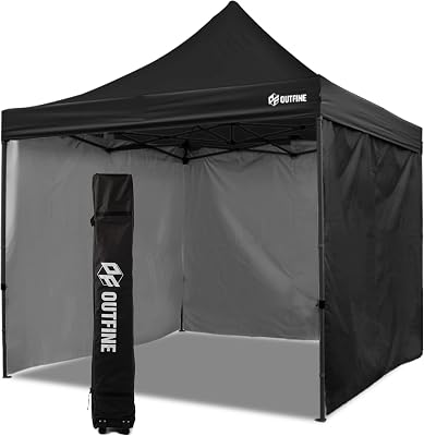 OUTFINE Heavy Duty Canopy 10x10 Pop Up Commercial Canopy Tent with 3 Side Walls Instant Shade, Bonus Upgrade Roller Bag, 4 Weight Bags, Stakes and Ropes Black, 10  10FT