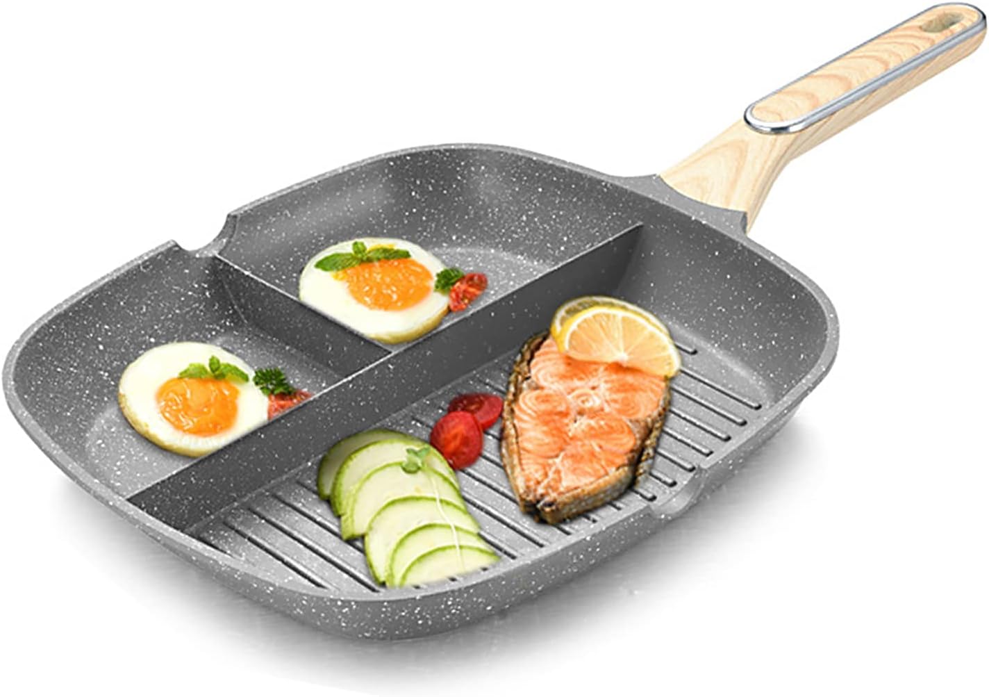JUSTUP Nonstick Grill Pan, 3-in-1 Egg Pan 11 Inch Non Stick Skillet Pan, Heat Resistant Handle 3 Section Skillet Pancake Pan, Divided Pan Cooking Pan for Breakfast, Egg, Bacon and Burgers