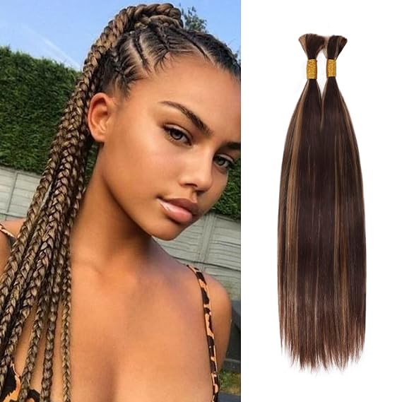 Starlet Virgin Human Hair Straight Bulk Extensions for Micro Braiding, 18 Inch, 200g, 4 Bundles, Medium Brown & Honey Blonde (Piano Highlights, P4/27)