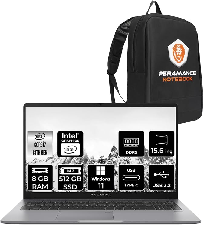 Asus ExpertBook P1 Intel Core i7 13620H 8GB 512GB SSD 15.6" FHD W11P Laptop & PER4 Çanta