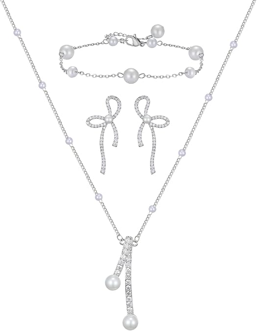 SWEETV Pearl Bridal Jewelry Set for Wedding, Bow Necklace and Earring Sets for Women Bridal Bridesmaid, Cubic Zirconia Silver Jewelry Set Wedding Prom Anniversary Jewelry Gifts