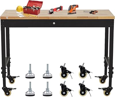 Workbench 48 in x 24 in Adjustable Height Worktable for Garage, Rubber Wood Top Workbench, Heavy Duty Workstation with Power Outlets & Wheels, 2000 LBS Load Capacity, Hardwood Work Table