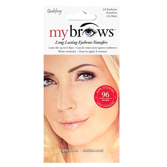 Godefroy MyBrows Long Lasting Eyebrow Transfers, Medium Arch, Light Brown, 48-Pairs of Brows (96 Individual transfers)
