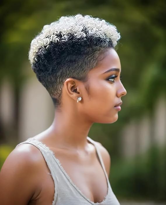 Ombre Light Gray Hair with Darkroots Natural Black and Light Gray 2 Tones Hair Synthetic Short Curly Wigs for Black Women Afro Kinky Curly Wigs for Women