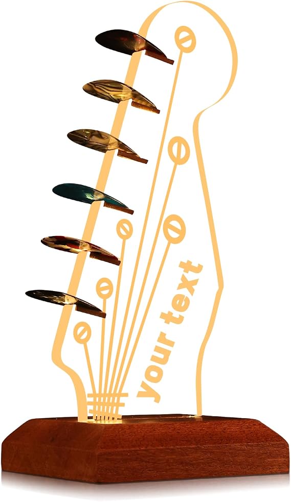CoolGift Mart Customized Light Up Guitar Pick Holder, Acrylic Electric Guitar Headstock Shaped Pick Holder with Wooden Base for Picks Storage and Display, Gift for Guitar Players Guitarists