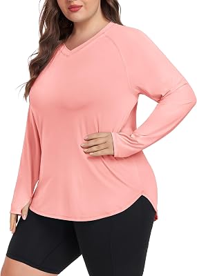FOREYOND Womens Plus Size UPF 50 Sun Shirts Long Sleeve UV Protection Rash Guard Quick Dry Swim Tops Fishing Shirts V-Neck