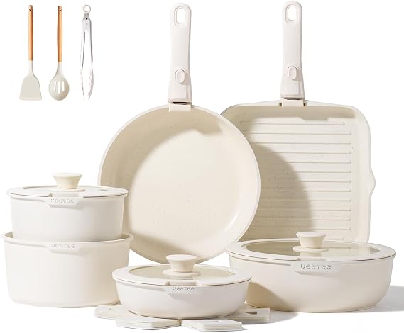 JEETEE Pots and Pans Set Non Stick 25pcs with Detachable Handle Beige