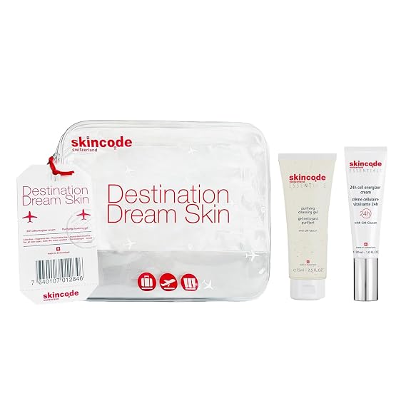 Skincode Destination Dream Skin Care Set | Purifying Cleansing Gel 75ml & 24h Cell Energizer Cream 30ml | Travel Essentials for Women | CM-Glucan, Pro-Vitamin B5 | Skincare Gift Set & Face Moisturizer