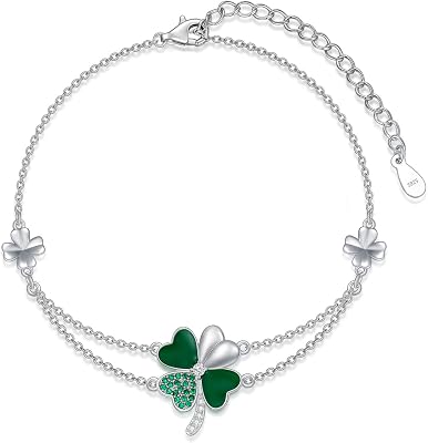 Four Leaf Clover Bracelet for Women St Patricks Day Bracelet Sterling Silver Irish Green 4 Leaf Clover Bracelets Jewelry Charm Good Luck Friendship Gifts