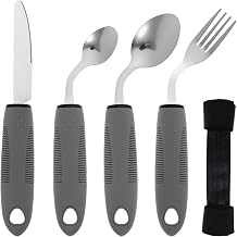 4-Piece Adaptive Utensils Set 42° Angled Disabled Cutlery for Adults, Parkinsons Eating Aid Stainless Steel Knife Fork Spoon with Easy Grip Handle for Hand Tremors Arthritis Elderly(Left-Hand)